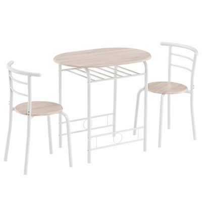 3 Piece Dining Table Set Kitchen Wood Dining Table Furniture Set and 2 Chairs Wooden Round Table & Chair Set Compact Space with Steel Frame and Wine Rack for Kitchen, Dining Room (Ship from USA)