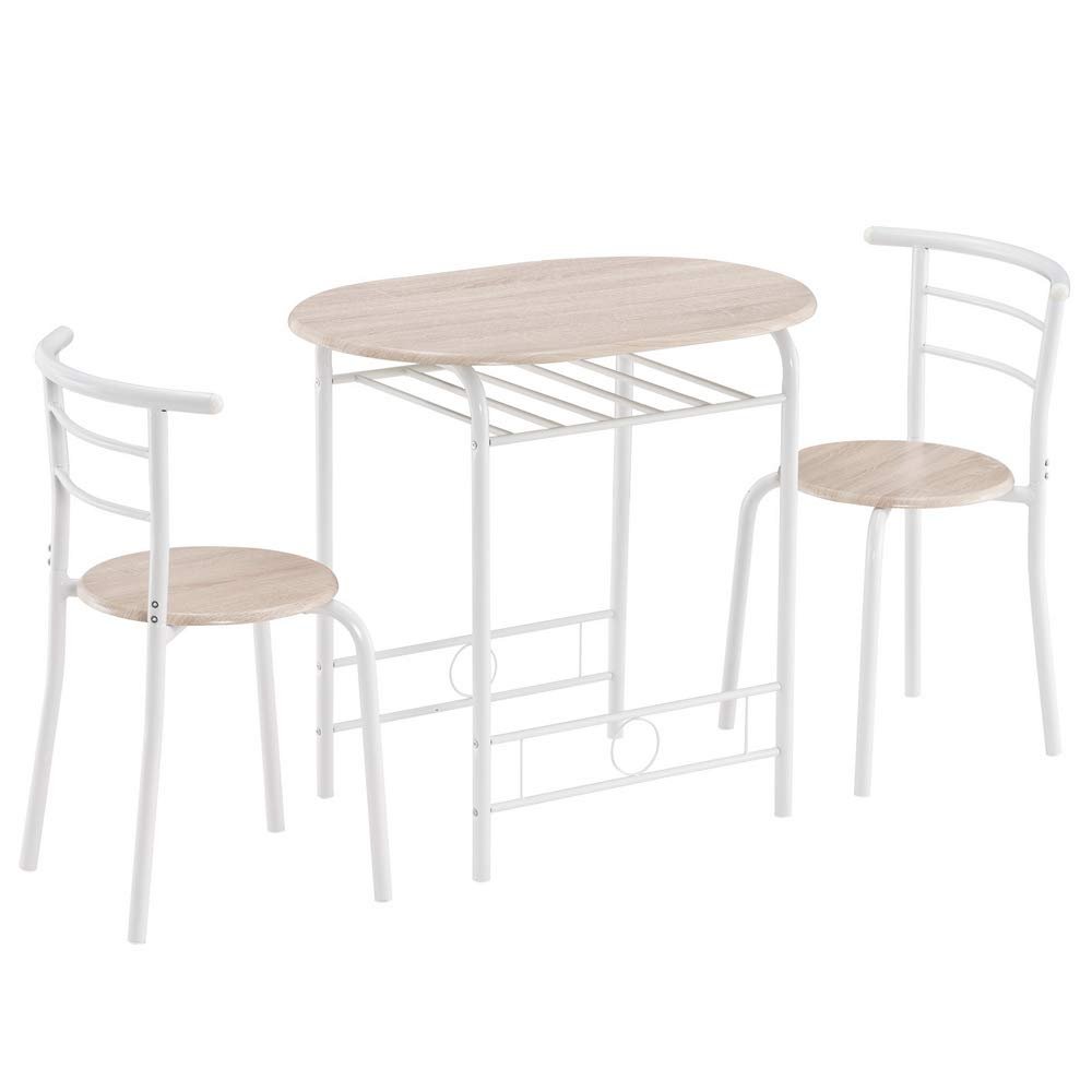 3 Piece Dining Table Set Kitchen Wood Dining Table Furniture Set and 2 Chairs Wooden Round Table & Chair Set Compact Space with Steel Frame and Wine Rack for Kitchen, Dining Room (Ship from USA)