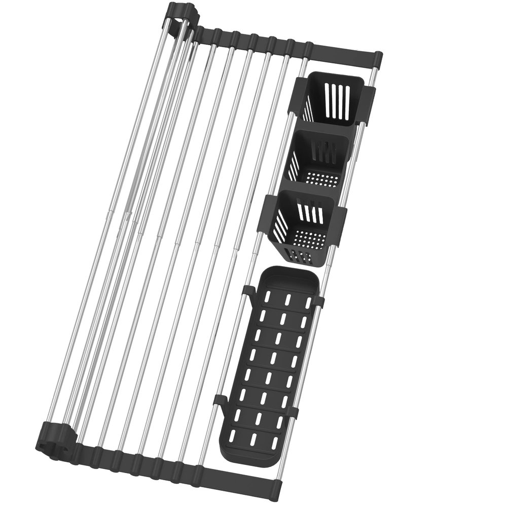 Black Expandable Roll Up Dish Drying Rack Up to 22.8''with 2 Storage Baskets,Over The Sink Kitchen Rolling up Dish Drainer Drying Rack , Foldable,Rollable,for Kitchen Dishes(Expandable Width Size)