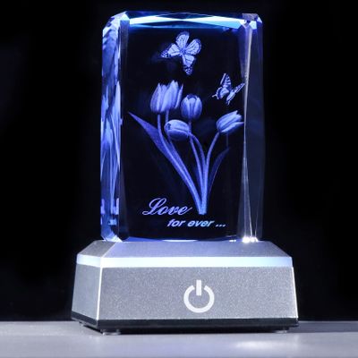 YWHL 3D Engraving Crystal Cube Tulip Flower with LED Base Mothers Day Birthday Gifts for Women Mom Wife
