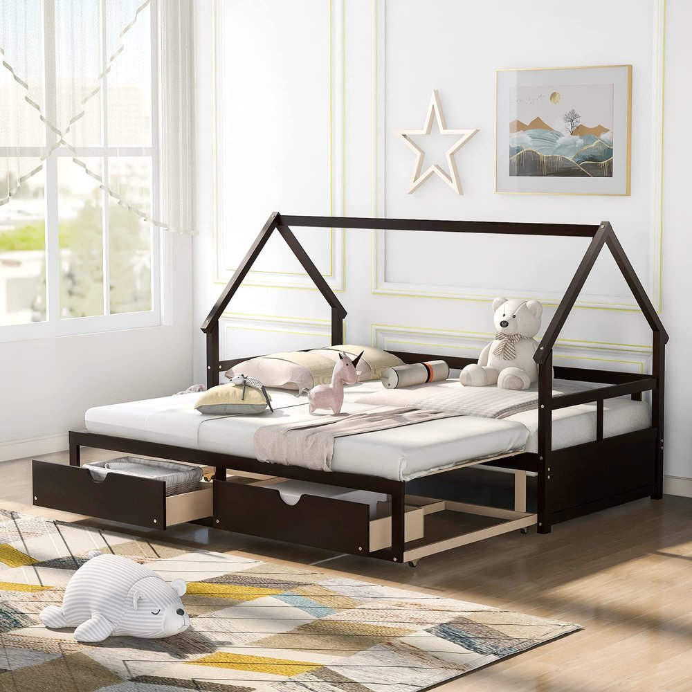 XIONGGG Daybed with Trundle Bed & Two Storage Drawers, Wooden House Bed Twin to King Design, Extending Bed for Kids/Teens, No Box Spring Required (Espresso-2)