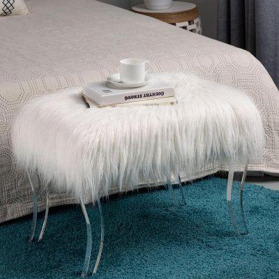 Glitzhome White Faux Fur Ottoman Bench, Modern Ottoman Footrest Stool Vanity Stool with Acrylic Legs Accent Bench for Entryway Living Room Bedroom, 24" L