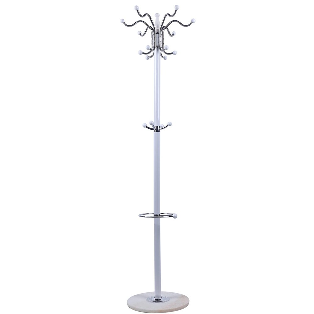 Free-Standing Coat Rack with Marble Base 16 Hooks, 4 -Tier Metal Coat Hat Jacket Stand Tree Holder Hanger Rack Hall Tree Standing Coat Rack Tree,for Bedroom Office Hallway Entryway, White Finish, 5.6 Ft Tall