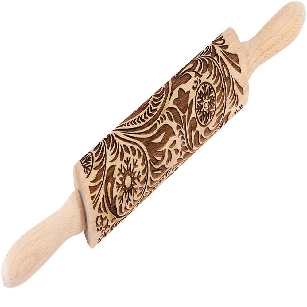 ASDNN for Baking Embossed Cookies,Engraved Embossing Rolling Pin with Christmas Snowflake Flower Pattern,Cute Kitchen Tool,Embossed Wooden Rolling Pin