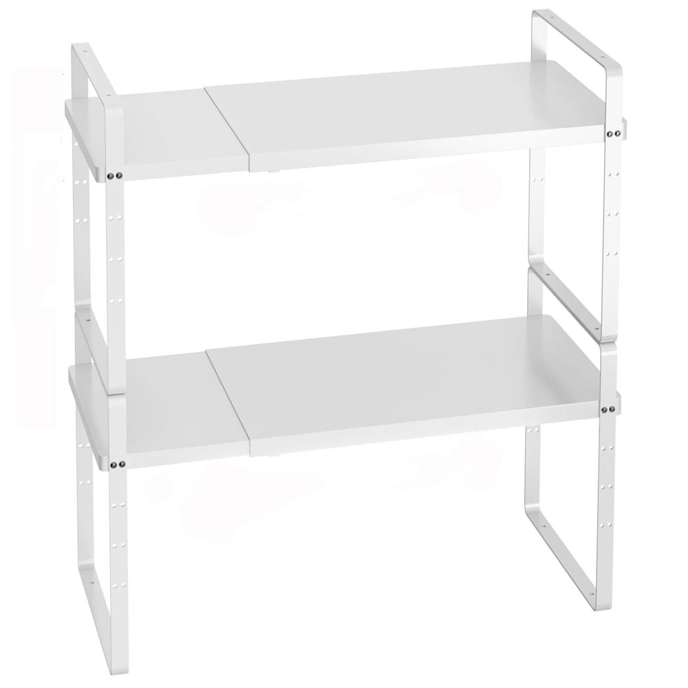 iPEGTOP Expandable Cabinet Storage Shelf Organizer Rack, 2 Pack Heavy Duty Steel Metal Spice Rack Adjustable Height Garage Pantry Shelf Space Riser for Counter Kitchen Organization, White