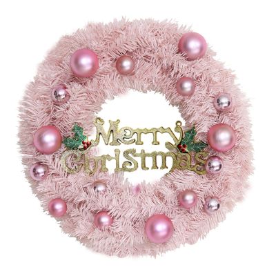 WYI 12 Inch Pink Artificial Christmas Wreath With Balls Ornament and Merry Letters, Door Wreath for Xmas Party Holiday Home Wall Window Decor