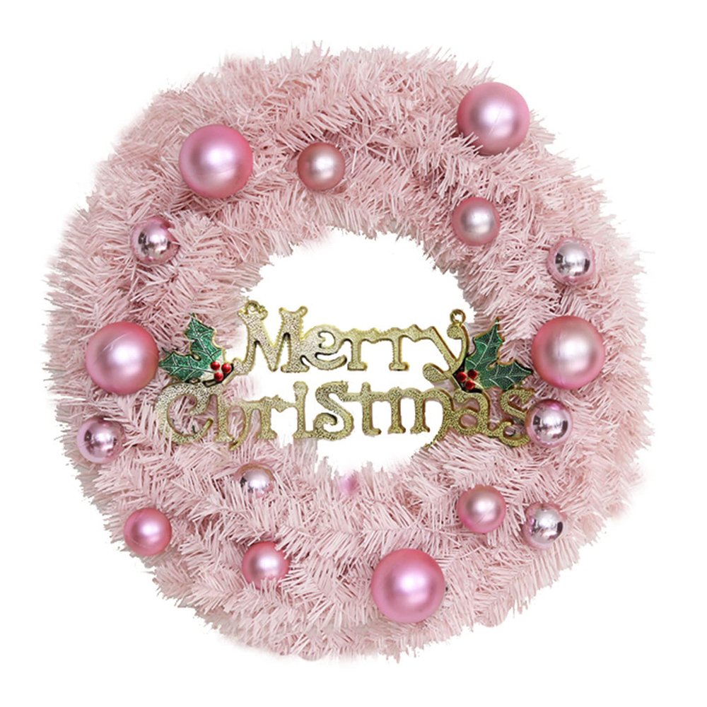 WYI 12 Inch Pink Artificial Christmas Wreath With Balls Ornament and Merry Letters, Door Wreath for Xmas Party Holiday Home Wall Window Decor