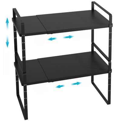 iPEGTOP Expandable Cabinet Storage Shelf Organizer Rack, Heavy Duty Steel Metal Spice Rack Adjustable Height Home Office Garage Pantry Shelves for Counter Kitchen Organization, Black, 2 Pack