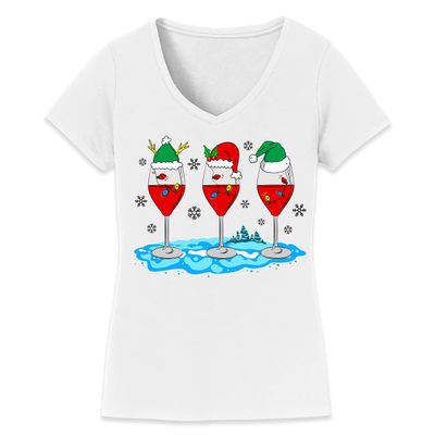 Christmas Wine Glass Funny Xmas Santa Hats Women V Neck Shirt
