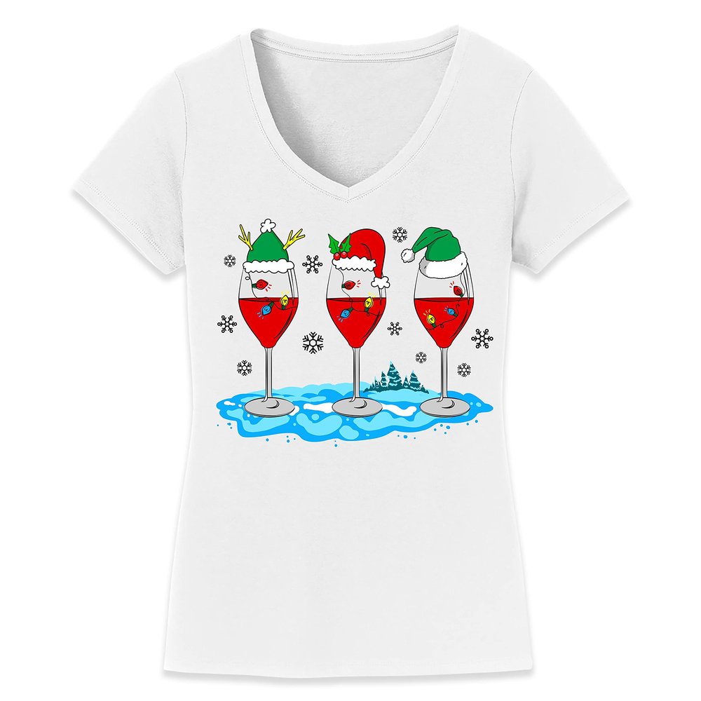 Christmas Wine Glass Funny Xmas Santa Hats Women V Neck Shirt