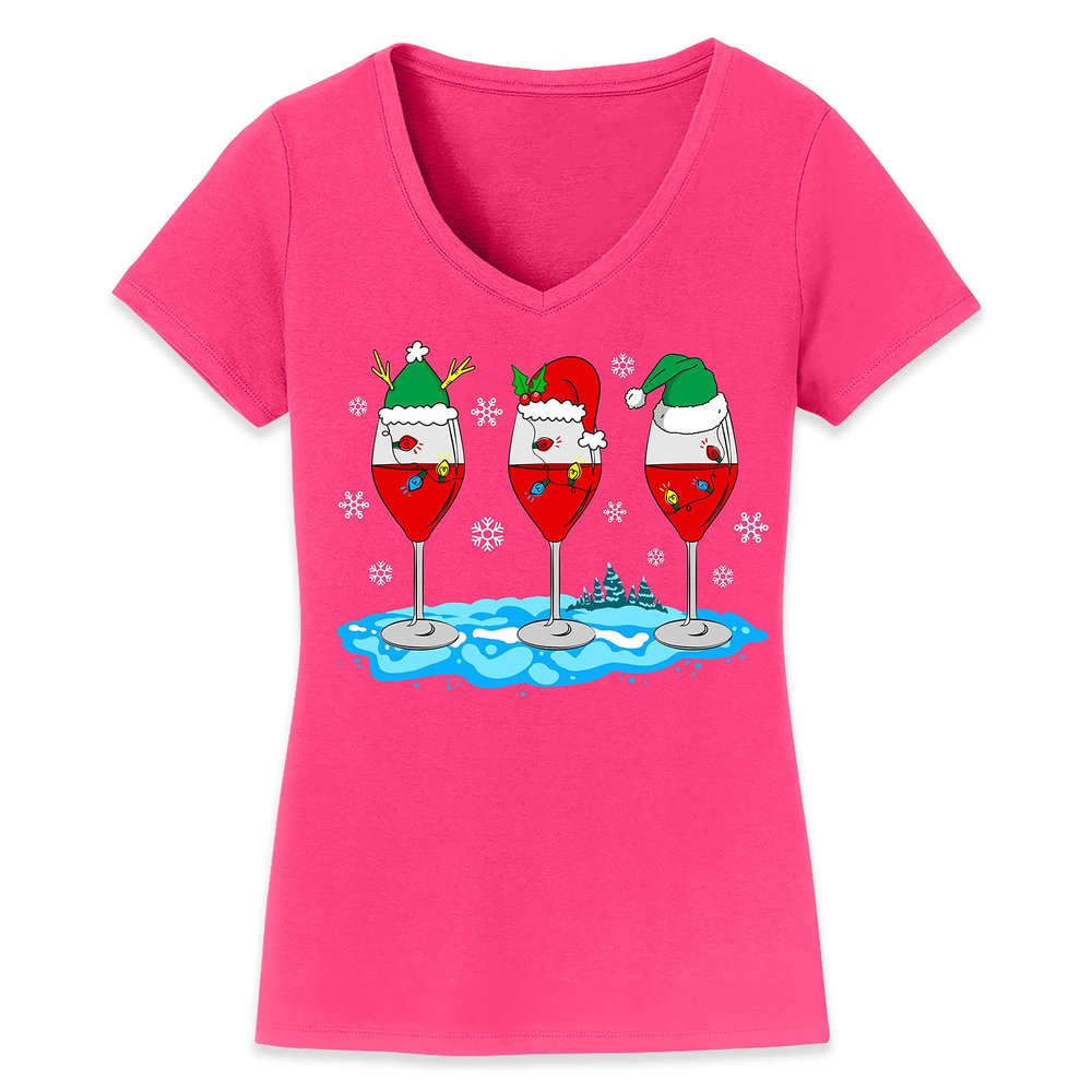 Christmas Wine Glass Funny Xmas Santa Hats Women V Neck Shirt