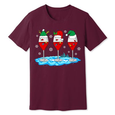 Christmas Wine Glass Funny Xmas Santa Hats Women T-Shirt