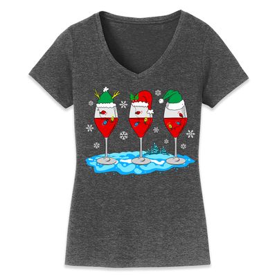 Christmas Wine Glass Funny Xmas Santa Hats Women V Neck Shirt