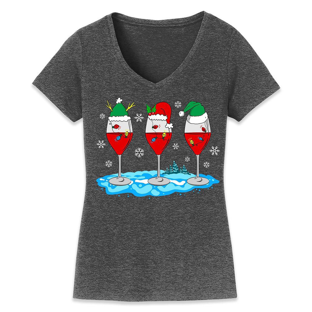 Christmas Wine Glass Funny Xmas Santa Hats Women V Neck Shirt