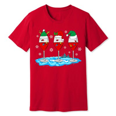 Christmas Wine Glass Funny Xmas Santa Hats Women T-Shirt