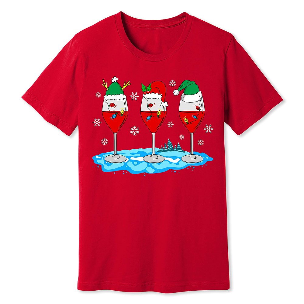 Christmas Wine Glass Funny Xmas Santa Hats Women T-Shirt