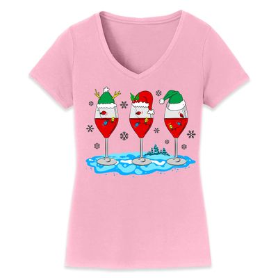 Christmas Wine Glass Funny Xmas Santa Hats Women V Neck Shirt