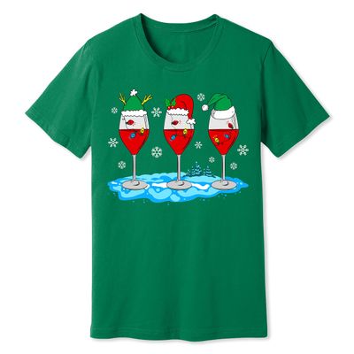 Christmas Wine Glass Funny Xmas Santa Hats Women T-Shirt