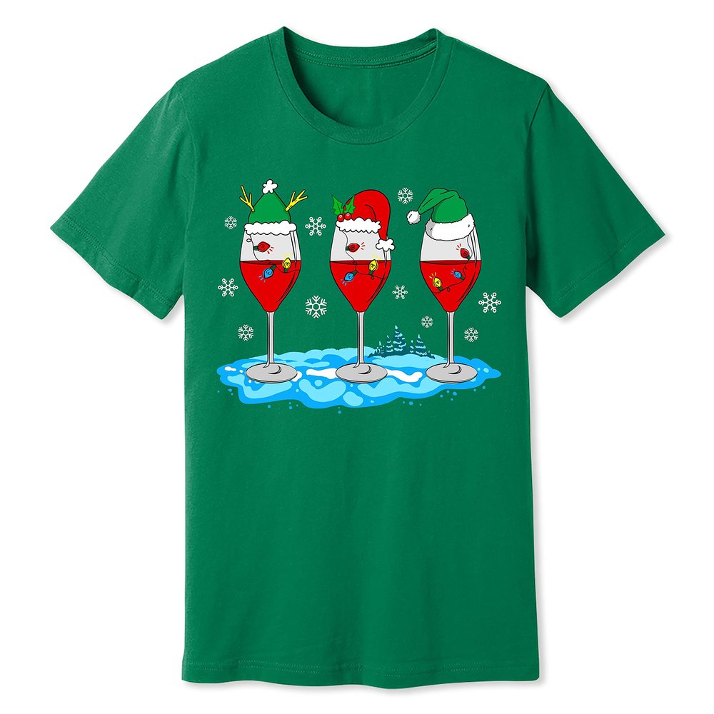 Christmas Wine Glass Funny Xmas Santa Hats Women T-Shirt