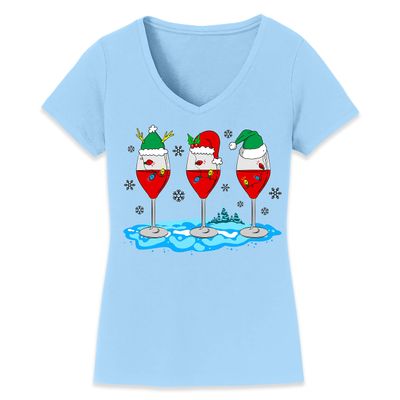 Christmas Wine Glass Funny Xmas Santa Hats Women V Neck Shirt