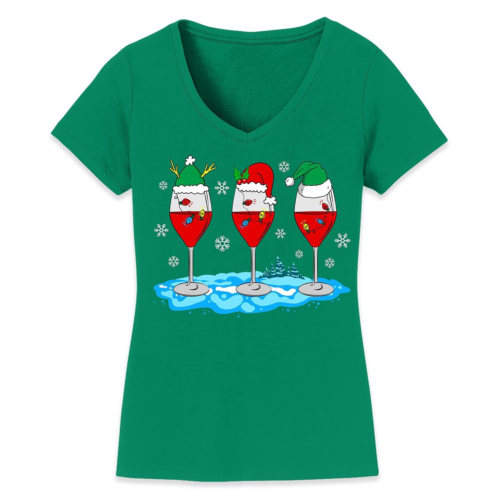 Christmas Wine Glass Funny Xmas Santa Hats Women V Neck Shirt