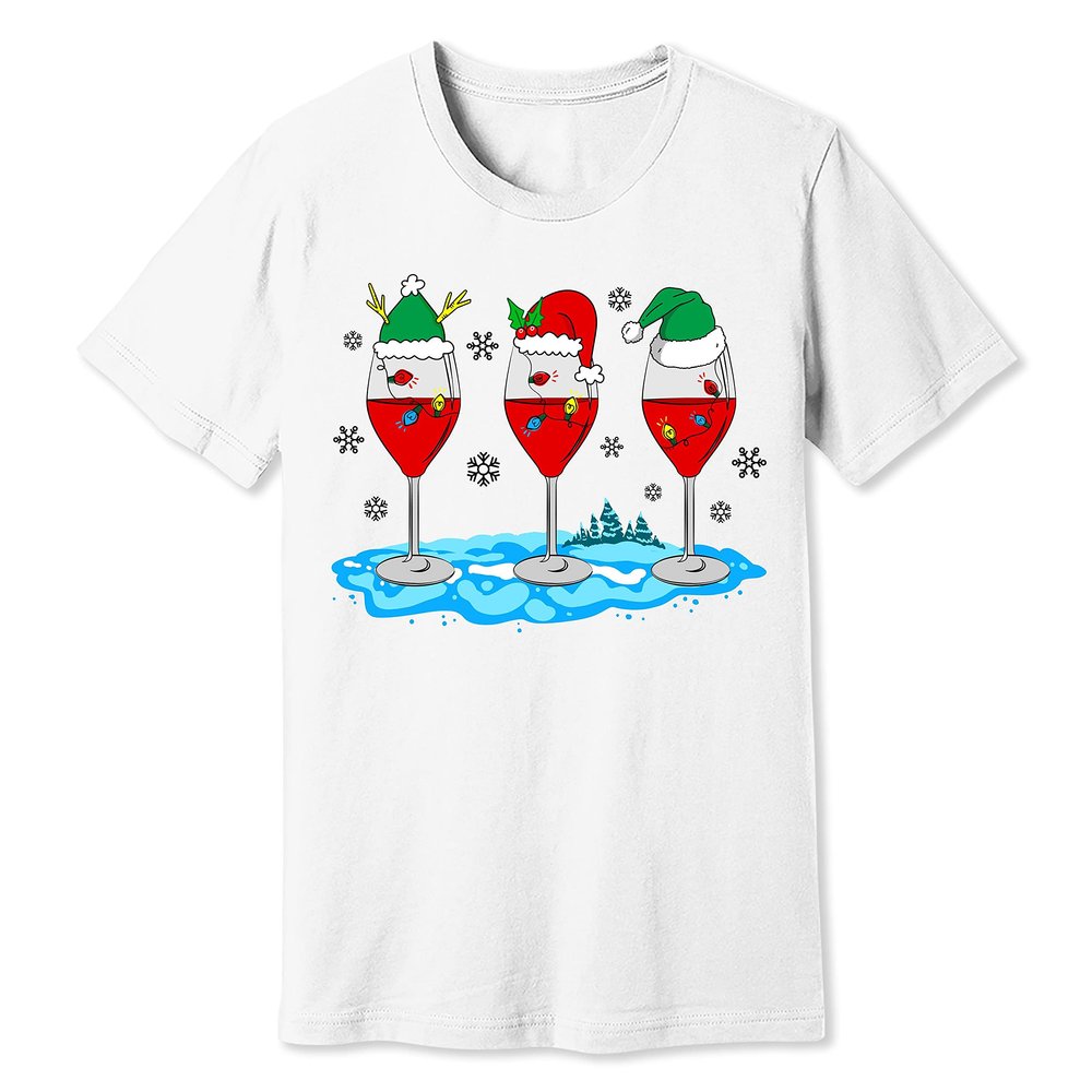 Christmas Wine Glass Funny Xmas Santa Hats Women T-Shirt