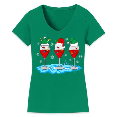 Christmas Wine Glass Funny Xmas Santa Hats Women V Neck Shirt