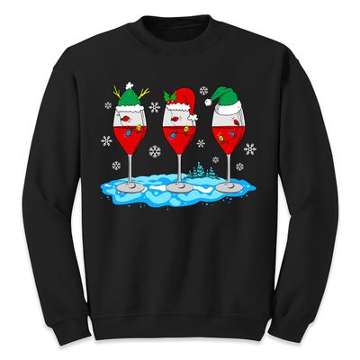 Christmas Wine Glass Funny Xmas Santa Hats Women Sweatshirt