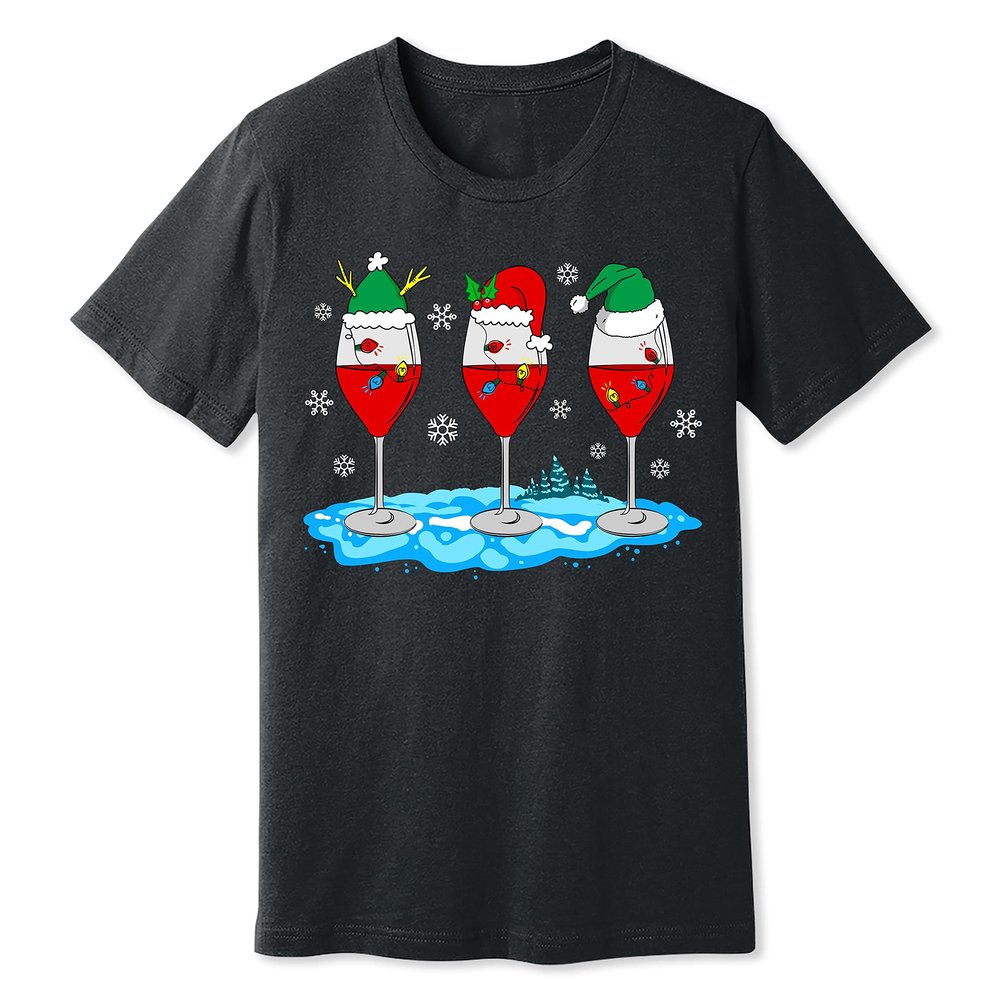 Christmas Wine Glass Funny Xmas Santa Hats Women T-Shirt