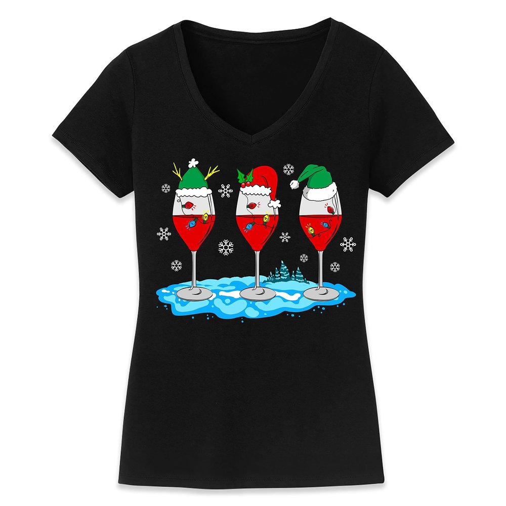 Christmas Wine Glass Funny Xmas Santa Hats Women V Neck Shirt