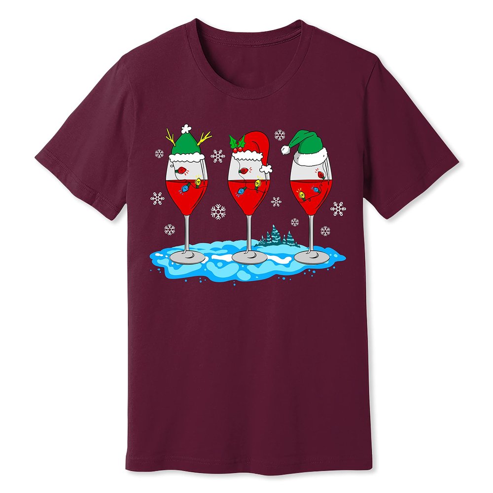 Christmas Wine Glass Funny Xmas Santa Hats Women T-Shirt