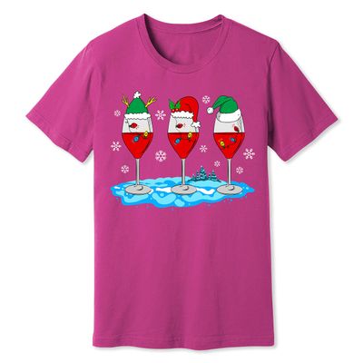 Christmas Wine Glass Funny Xmas Santa Hats Women T-Shirt