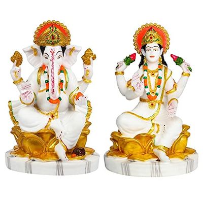 Marble Dust Combo of 2 Goddess Lakshmi Ganesha Saraswati God Ganpati Idol Home Decor Showpiece -23 cm (White Gold)