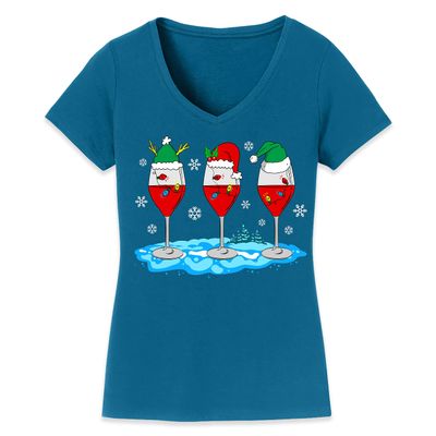 Christmas Wine Glass Funny Xmas Santa Hats Women V Neck Shirt