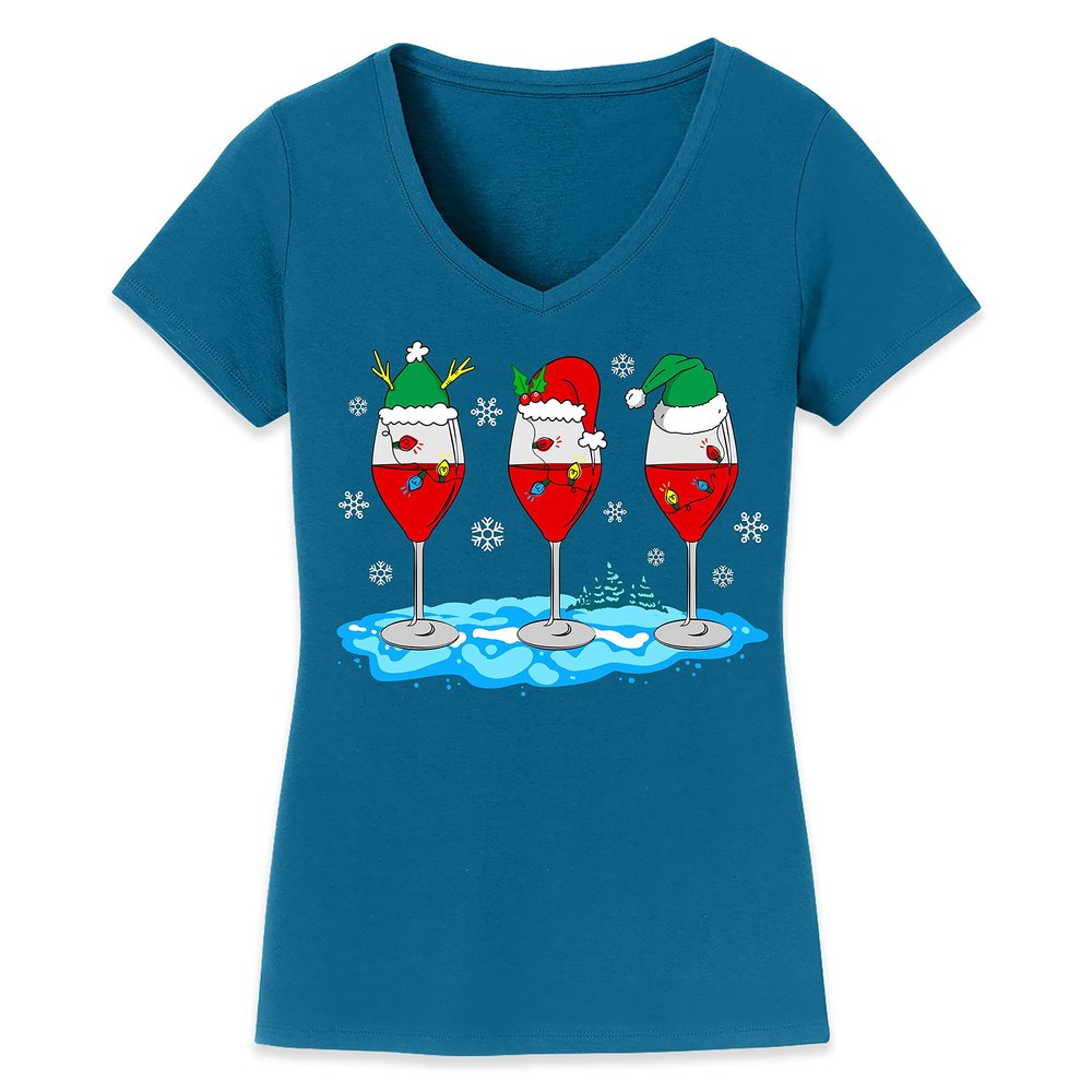 Christmas Wine Glass Funny Xmas Santa Hats Women V Neck Shirt