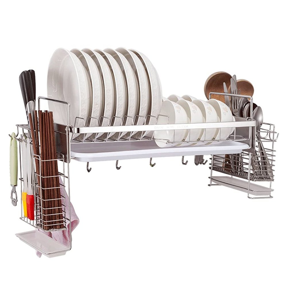 Dish Drying Rack 304 Stainless Steel Dish Rack Dish Drainer Drain Board Utensil Holder for Kitchen Counter (Color : Silver, Size : 45 * 27.5 * 15cm)