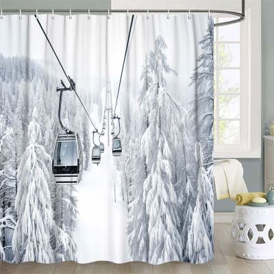 DYNH Winter Skiing Shower Curtain, Cable Ski Lift in Snow Mountain Bathtub Curtain,Polyester Fabric Upgrade Christmas Holidays Curtains for Bathroom Decor with 10PCS Hooks,60X70 in