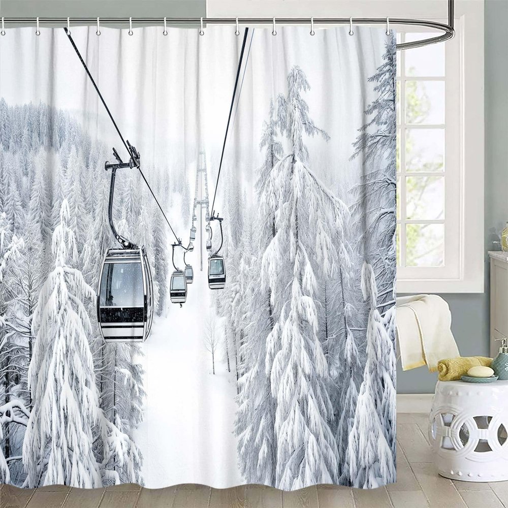 DYNH Winter Skiing Shower Curtain, Cable Ski Lift in Snow Mountain Bathtub Curtain,Polyester Fabric Upgrade Christmas Holidays Curtains for Bathroom Decor with 10PCS Hooks,60X70 in