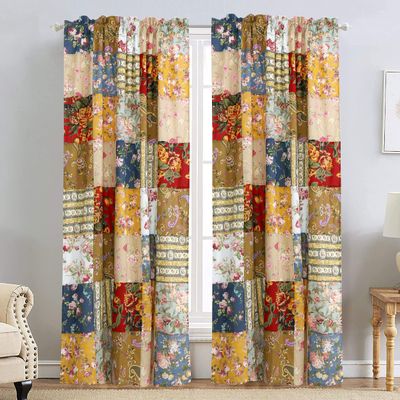 Cozy Line Home Fashions Ryleigh Country Garden Fall Flowers Paisley Plaid Patchwork Window Curtains with Tie Backs Set, 84" x 52", 2 Panels