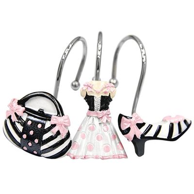 Black Shower Curtain Hooks Fairy-Tale Princess Skirt Curtain Hooks, Lovely High Heels Shower Curtain Ring, Handbag Pink Bow Bathroom Decoration (Color : Pink Black, Size : 12pcs for 180cm)