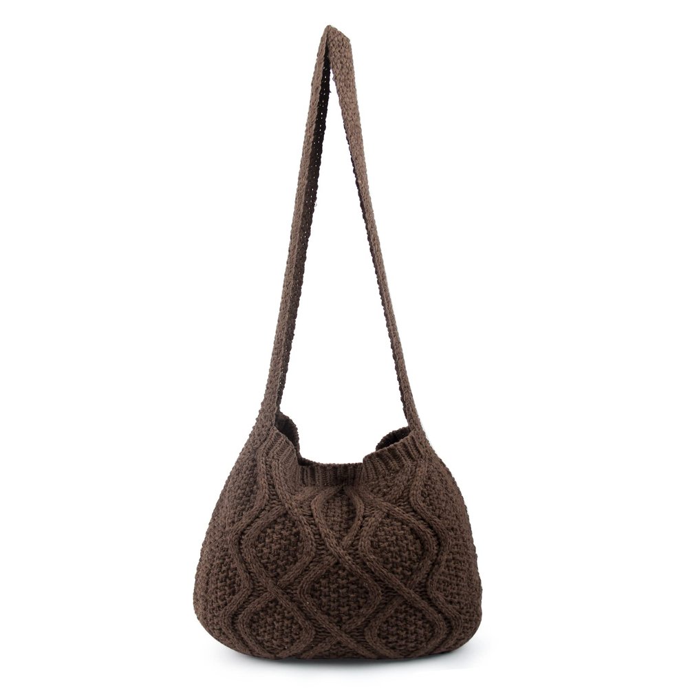 ENBEI Women's Crochet Shoulder Handbag - Aesthetic Canvas Shopping Tote - Cute Shoulder Bag (Dark Brown)