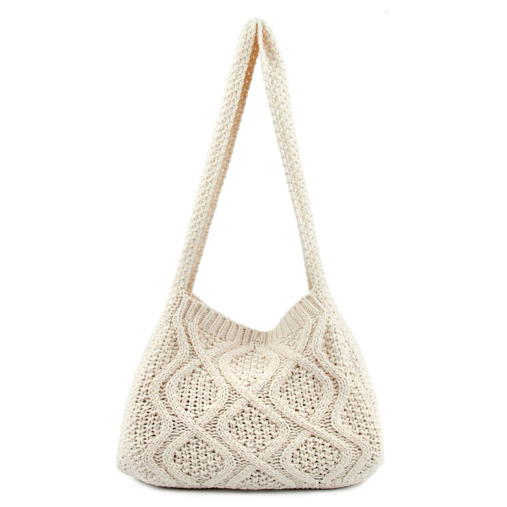 ENBEI Handmade Crochet BagBoho Chic Shoulder Bag, Aesthetic Kinted Bag,Cute Crossbody Bag,Perfect for Beach, Shopping or Daily Use Stylish Durable(White)
