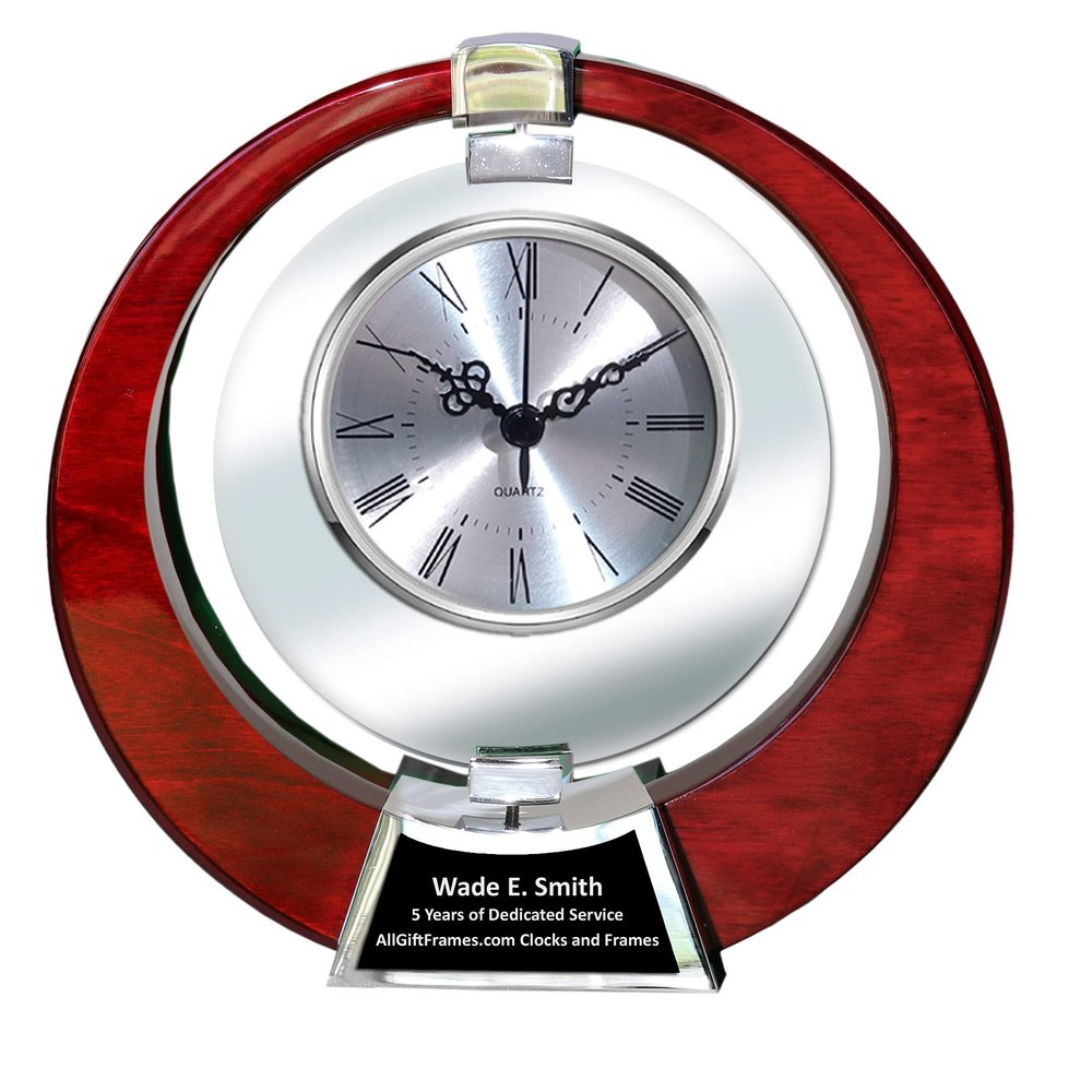 AllGiftFrames Pivoting Glass Silver Dial Clock on Mounted on Eclipse Wooden Structure with Chrome Metal Base Engraved Clocks Engravable Personalized Retirement Gift Coworker Boss