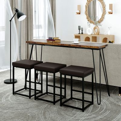 AOCHUANG Extra Long DIng Table Set, 4 Pieces Height Bar Pub Set with 3 PU Stools, Kitchen Console Table, for DIng/Work/Study(Brown Table+Beige Stool), Rustic Brown+black, 63InL x 15.7InW x 35.4InH