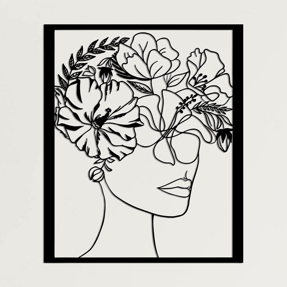 DEKADRON Face and Flowers, Metal Wall Art, Minimalist Metal Wall Art, Face Art, Feminine Metal Wall Dcor, Wall Hangings, (22" W x 28" H / 57x72cm)