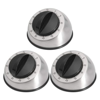 3Pcs Mechanical Kitchen Timer 60 Minute Stainless Steel Egg Countdown Timer with Loud Alarm Short Timer for Cooking, Baking, BBQ, Sports, Study
