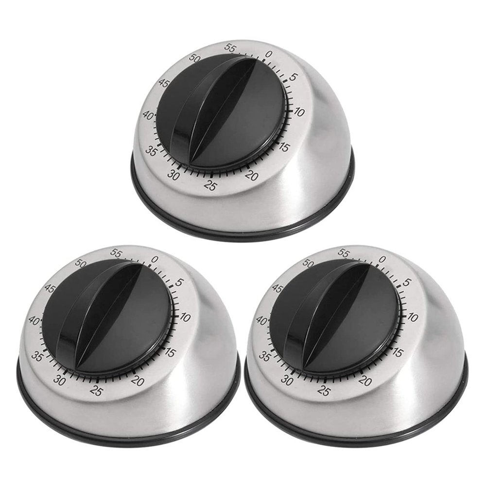 3Pcs Mechanical Kitchen Timer 60 Minute Stainless Steel Egg Countdown Timer with Loud Alarm Short Timer for Cooking, Baking, BBQ, Sports, Study