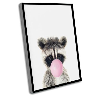 Cute Bathroom Decor,Canvas Nursery Wall Art,Baby Raccoon Print,Nursery Animals With Bubble Gum,Woodland Animal Decor,Baby Room Decor,Gift For Babies,Print Wall Art,8x12 Inch Framed Wall Art