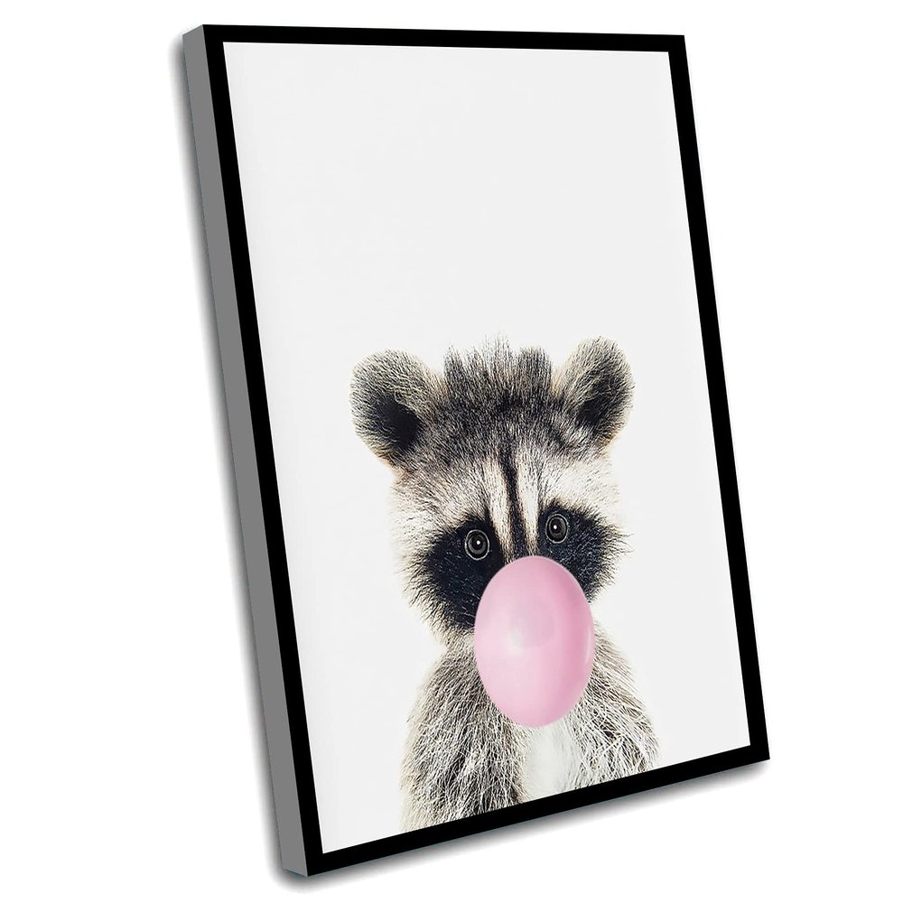 Cute Bathroom Decor,Canvas Nursery Wall Art,Baby Raccoon Print,Nursery Animals With Bubble Gum,Woodland Animal Decor,Baby Room Decor,Gift For Babies,Print Wall Art,8x12 Inch Framed Wall Art