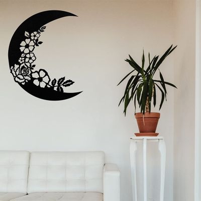 Metal Wall Art, Crescent Art, The Moon and Flowers Dcor Metal Wall Decor, Home Office Decor, Living Room Decoration, Housewarming Gift (30"W x 35"H / 75x90cm, Black)